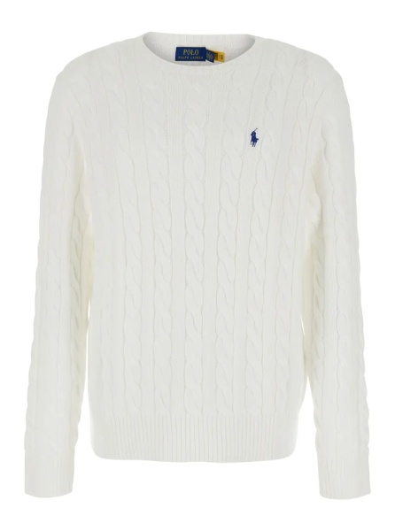 Pulover Sweater with Round Neck and Pony Embroidery on the Front in White Cotton for Men