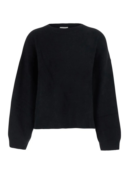 Pulover 'Tristan' Black Sweater with round neck and dropped shoulders in wool blend for women