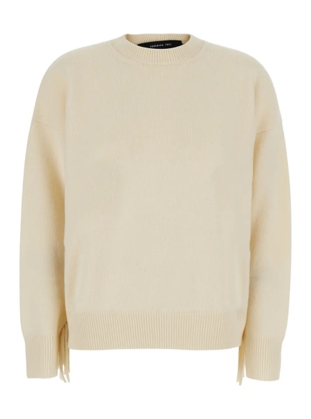 Pulover white Sweater with round neck and fringe details in wool and cashmere for women