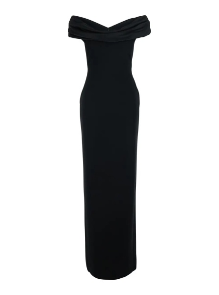 Rochii 'Adele' Long black dress with Off-shoulder design and Draped Neckline in Tech Fabric for Women