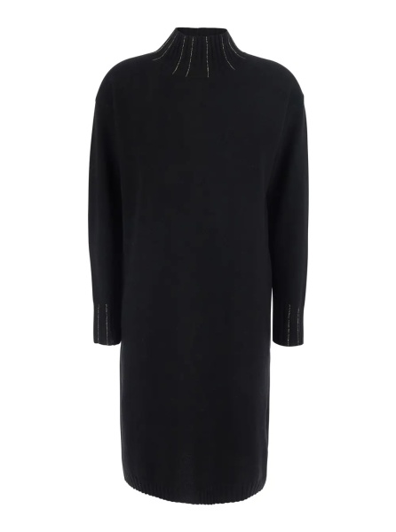 Rochii black Dress with high collar and rhinestone details in wool and silk Blend women
