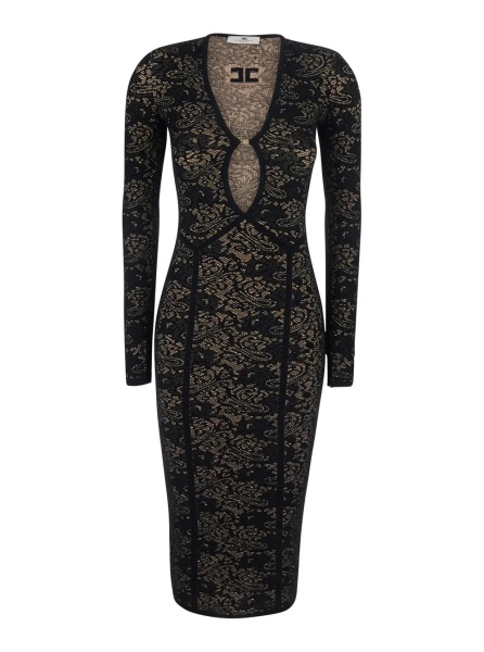 Rochii Black Dress with V-neck and all-over lace embroidery in Tech Fabric for women