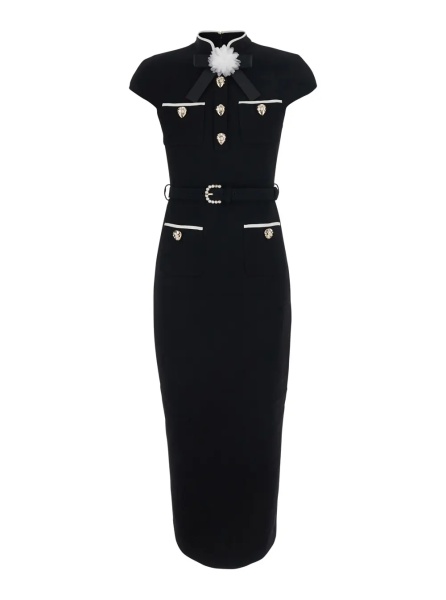 Rochii Black Long Dress with Bow on the Front and Belt in Wool for Women