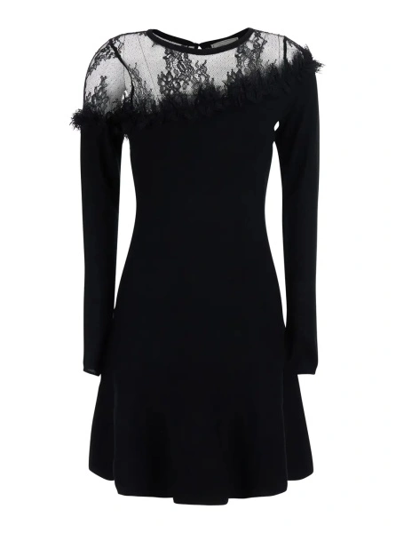 Rochii Black Round Neck Dress with Front Lace Embroidery in Wool for Women
