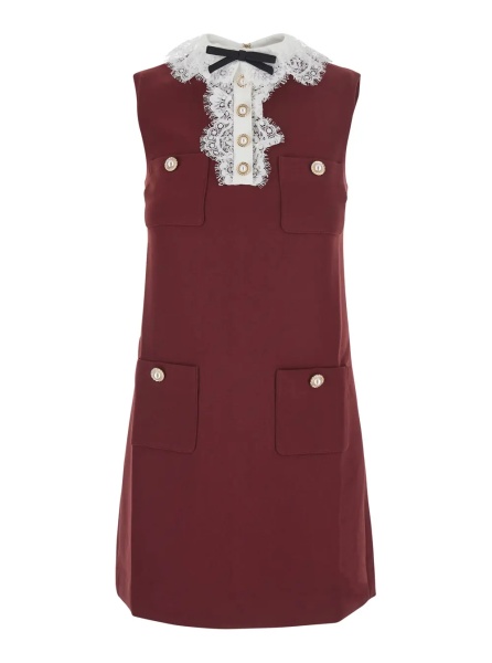 Rochii bordeaux Dress mini with lace collar and long sleeves in crepe for women