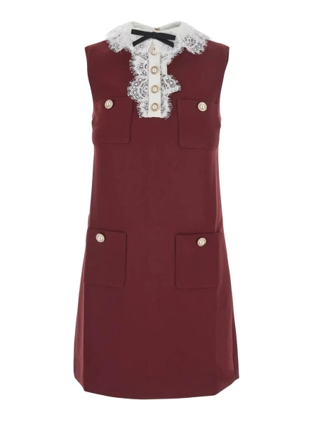 Rochii bordeaux Dress mini with lace collar and long sleeves in crepe for women