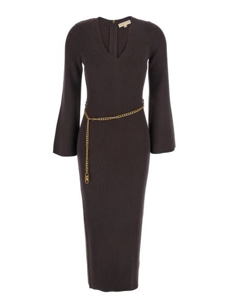 Rochii Brown Dress with Chain Belt and Logo Plaque on the Rear in Wool Blend Stretch Woman