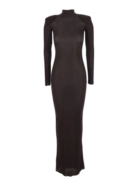 Rochii Brown Turtleneck Long Dress with Shoulder Pads in Viscose Woman