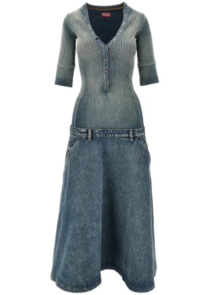 Rochii Denim and ribbed knit low-rise midi dress