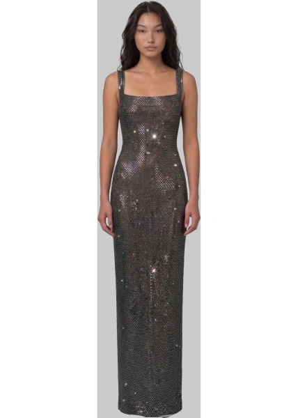 Rochii Gunmetal Square Maxi Dress With Rhinestones