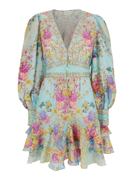 Rochii Multicolor Dress with Long Balloon Sleeves and All-Over Floral Print in Linen Blend for Women