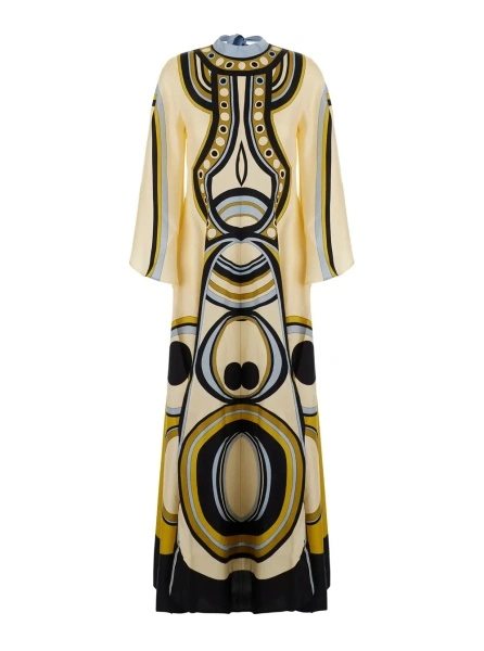 Rochii Multicolored long dress with bow closure at the back and all-over geometric print in tech fabric for women