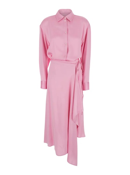 Rochii Pink Long Dress with Classic Collar and Adjustable Drawstring at Waist in Acetate Woman
