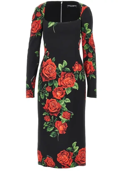 Rochii Roses print charmeuse midi dress