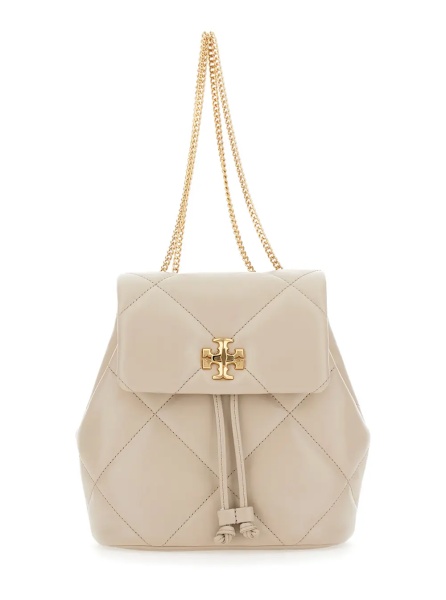 Rucsac 'Kira' Beige Backpack with Metallic Logo Plate on Front in Quilted Leather for Women