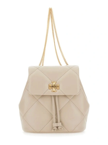 Rucsac 'Kira' Beige Backpack with Metallic Logo Plate on Front in Quilted Leather for Women