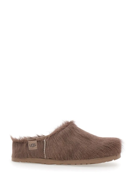 Saboti Brown Mules with Logo Patch on the Side in Fur for Women