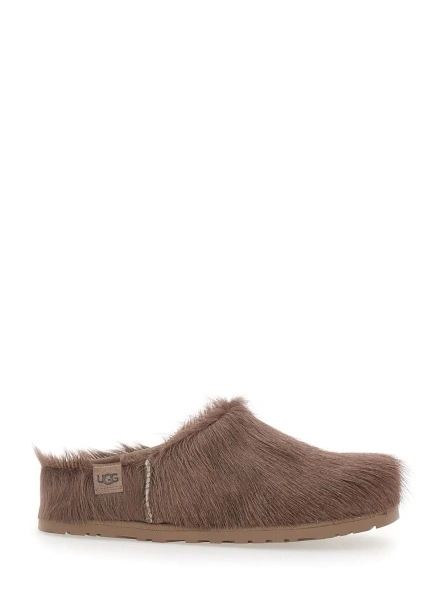 Saboti Brown Mules with Logo Patch on the Side in Fur for Women