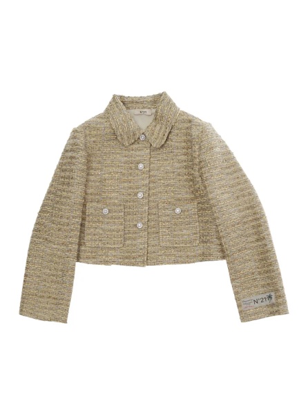 Sacou Beige Jacket with wide collar and crystal decoration in tech fabric girl