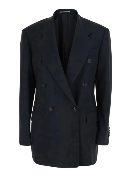Sacou Black Double Breasted Jacket with Classic Lapels in Wool Woman
