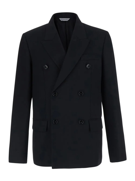 Sacou Black Double-breasted Jacket with Peak Revers in Wool for Men