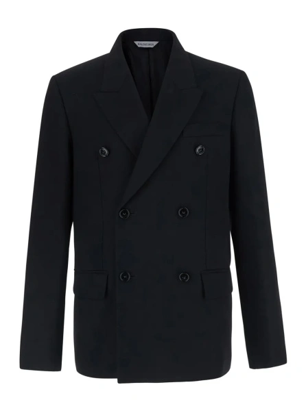 Sacou Black Double-breasted Jacket with Peak Revers in Wool for Men