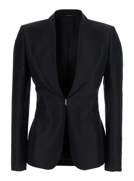 Sacou Black Single-Breasted Jacket with Peak revers and Hook Closure on the Front in Silk for Women