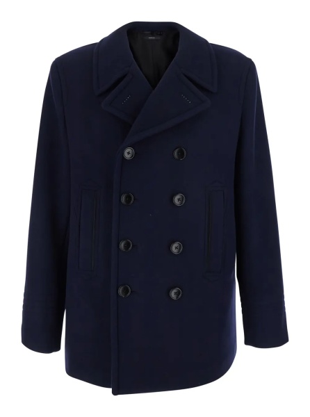 Sacou Blue Double-Breasted Jacket with Notched Revers in Wool for Men