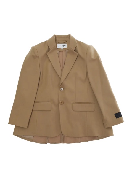 Sacou Brown Double-breasted Jacket with Notched Revers and Patch Logo on the Sleeve in Wool Blend Boy