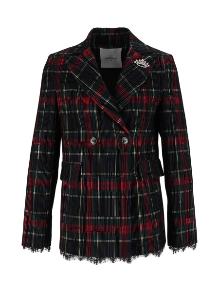 Sacou Flocked tartan blazer with brooch