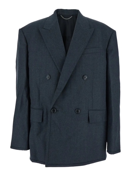 Sacou Grey Double-breasted Jacket with Peaked Revers and Patch Pockets on Front in Wool Man