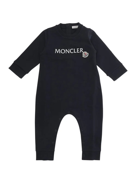Salopete Blue Crew Neck Romper with Logo Lettering and Logo Patch on the Front in Stretch Cotton Baby