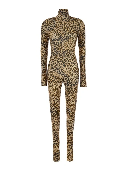 Salopete Jumpsuit with High Collar and Long Sleeves in Brown Polyester for Women