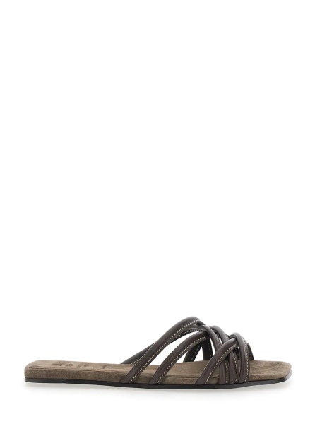 Sandale Brown Flat Sandals with Square Toe and Contrast Stitching in Suede for Women