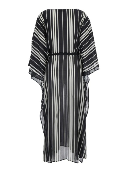 Tinute Black and White Caftan with waist belt and striped motif in silk for women