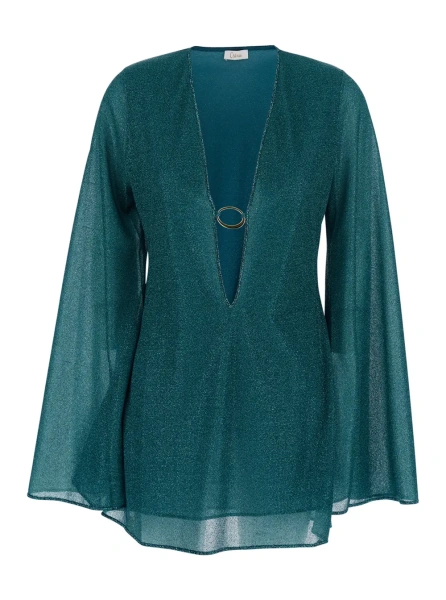 Tinute 'Lumière' Blue Caftan with V-Neck and Metal Ring in Fabric Woman