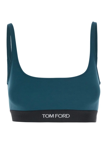Topuri Green Top with square neckline and logo lettering on the front in tech fabric for women