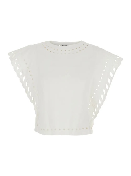 Topuri Odyle' White Crew Neck Top with Cut-Out Details in Cotton for Women