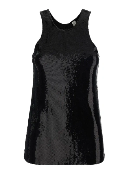 Topuri TOTÊME Black Top with Round Neck and All-Over Sequins Decoration in Tech Fabric for Women