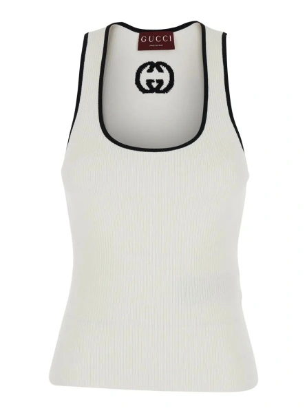 Topuri White Sleeveless Top with GG Embroidery on the Rear and Ribbed Knit in Viscose Blend Woman
