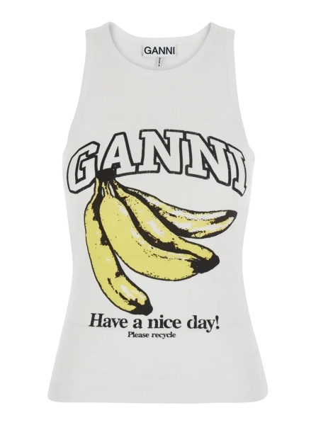 Topuri White Sleeveless top with logo lettering print and bananas on the front in cotton for women