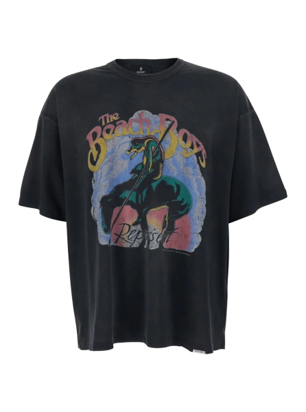 Tricou Black Crew Neck T-Shirt with Maxi Print on Front and Back in Cotton for Men