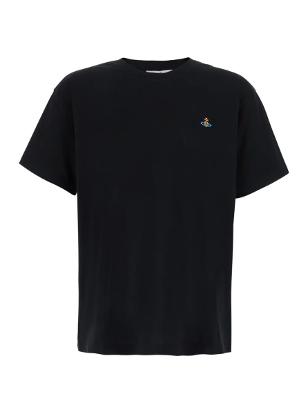 Tricou Black Crew Neck T-Shirt with Orb Embroidery on the Front in Cotton for Men