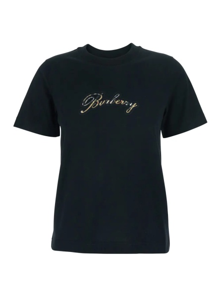 Tricou Black Crewneck T-Shirt with Logo Lettering on the Front in Cotton Woman