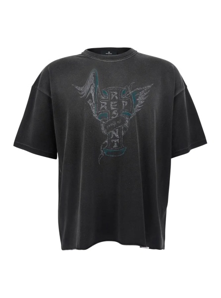 Tricou Black T-Shirt with Front Print and Faded Design in Cotton for Men