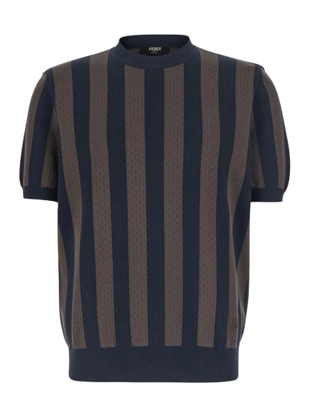 Tricou Blue Crew Neck T-shirt with All-Over Striped Motif in Cotton and Silk for Men