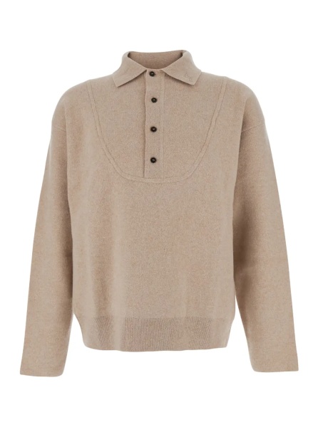 Tricou Polo Beige Sweater with Polo Collar and Ribbed Details in Wool Man