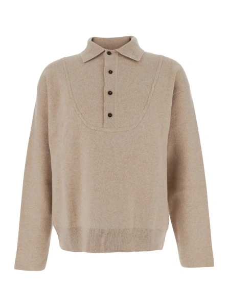 Tricou Polo Beige Sweater with Polo Collar and Ribbed Details in Wool Man