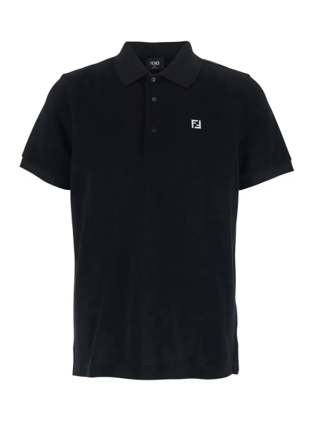 Tricou Polo Black Cotton Piquet Polo with Metallic FF Logo on Front for Men