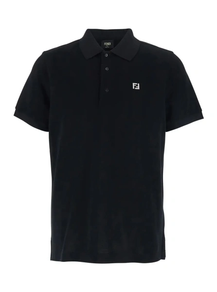 Tricou Polo Black Cotton Piquet Polo with Metallic FF Logo on Front for Men